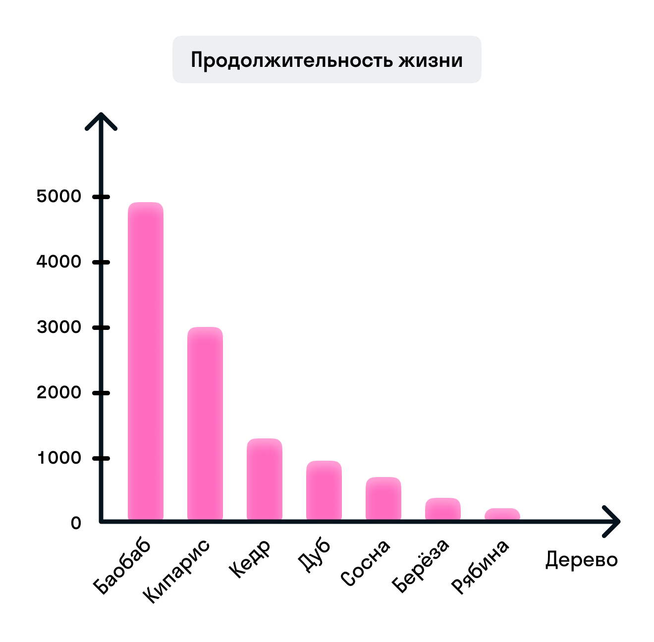 Постройте столбчатую диаграмму сравнительной продолжительности жизни некоторых деревьев